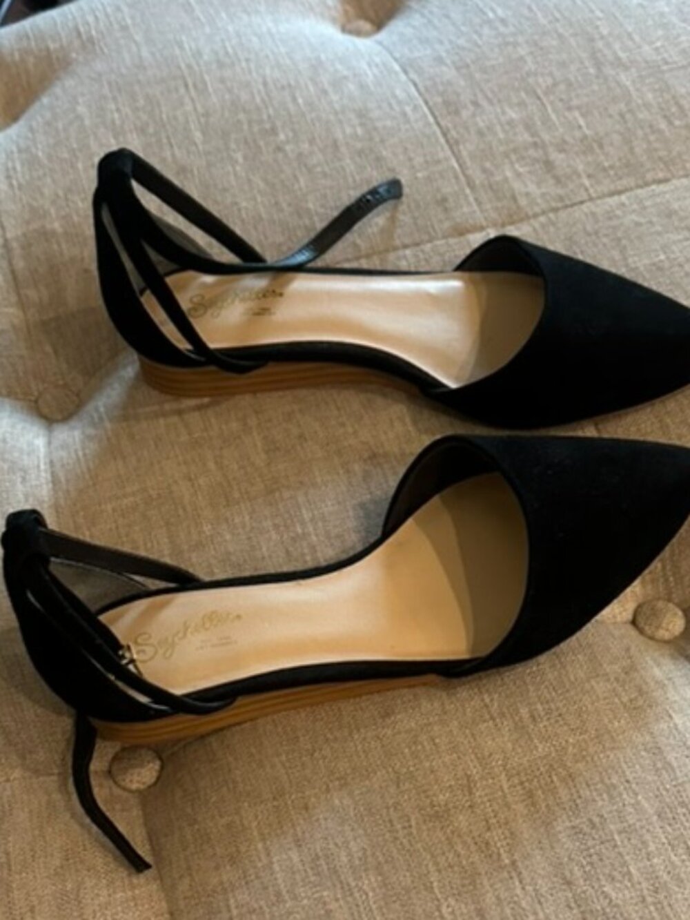 Black close toe suede flats with ankle buckle